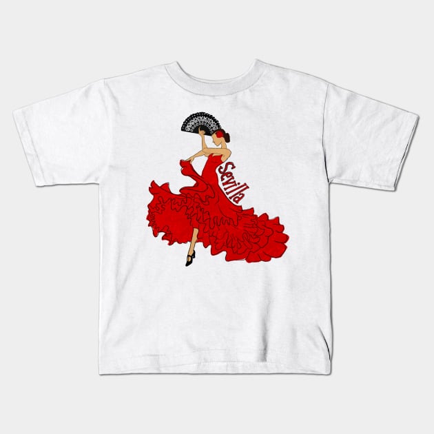 Sevillana Flamenco Dancer Kids T-Shirt by maya-reinstein